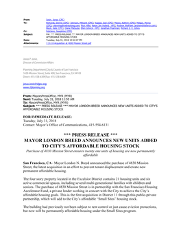 Press Release *** Mayor London Breed Announces