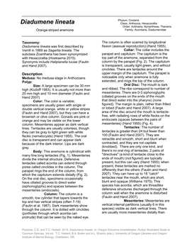 Diadumene Lineata Class: Anthozoa, Hexacorallia Order: Actiniaria, Nynantheae, Thenaria Orange-Striped Anemone Family: Acontiaria, Diadumenidae