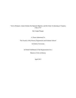 James Ireland, the Separate Baptists, and the Great Awakening in Virginia, 1760-1775”