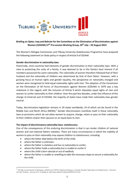 1 Briefing on Qatar, Iraq and Bahrain for the Committee on the Elimination of Discrimination Against Women (CEDAW) 57Th Pre-Sess