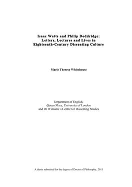 Isaac Watts and Philip Doddridge: Letters, Lectures and Lives in Eighteenth-Century Dissenting Culture