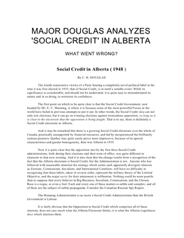 Major Douglas Analyzes 'Social Credit' in Alberta