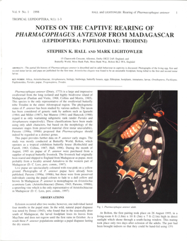 Notes on the Captive Rearing of Pharmacophagus Antenor from Madagascar (Lepidoptera: Papilionidae: Troidini)