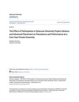 The Effect of Participation in Syracuse University Project Advance and Advanced Placement on Persistence and Performance at a Four-Year Private University