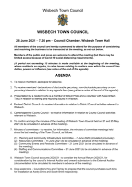 Agenda Wisbech Town Council 28 June 2021
