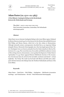 Adam Pastor (Ca. 1500–Ca. 1565) a Post-Münster Anabaptist Bishop in the Borderlands Between the Netherlands and Germany