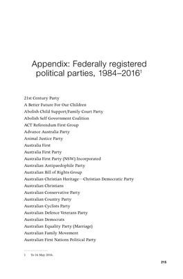 Appendix: Federally Registered Political Parties, 1984–20161