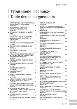 Programme D'échange Table Des Enseignements