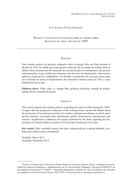 Trabajo Y Políticas Culturales Sobre El Tiempo Libre: Santiago De Chile, Década De 1930
