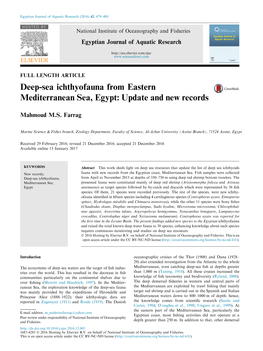 Deep-Sea Ichthyofauna from Eastern Mediterranean Sea, Egypt: Update and New Records