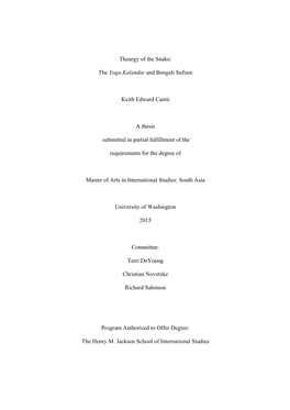 The Yoga Kalandar and Bengali Sufism Keith Edward Cantú a Thesis Submitted in Partial Fulfillment Of