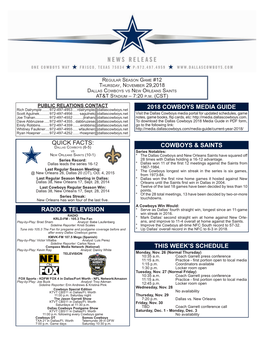 Radio & Television This Week's Schedule Cowboys & Saints