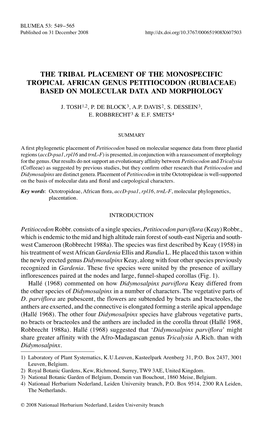 The Tribal Placement of the Monospecific Tropical African Genus Petitiocodon (Rubiaceae) Based on Molecular Data and Morphology