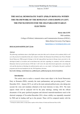 The Social Democratic Party (Psd) in Romania Within the Framework of the Romanian and European Left. the Psd Manifesto for the 2016 Parliamentarian Elections