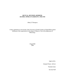 HANDEL OPERA in GERMANY, 1920-1930 Abbey E. Thompson a Thesis