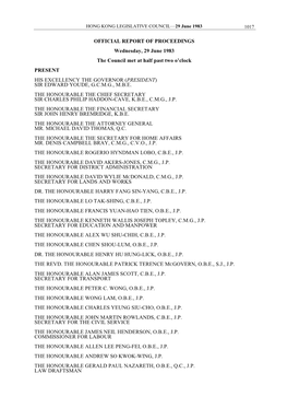 OFFICIAL REPORT of PROCEEDINGS Wednesday, 29 June 1983 the Council Met at Half Past Two O'clock PRESENT HIS EXCELLENCY THE