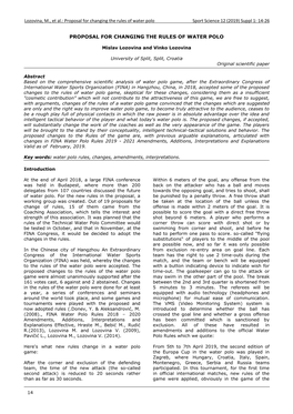 Lozovina, M., Et Al.: Proposal for Changing the Rules of Water Polo Sport Science 12 (2019) Suppl 1: 14-26