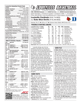 Louisville Cardinals (12-5, 7-4 ACC) Vs. Duke Blue Devils (11-8, 9-6
