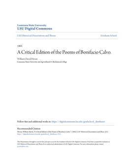 A Critical Edition of the Poems of Bonifacio Calvo. William David Horan Louisiana State University and Agricultural & Mechanical College