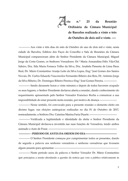 Cta N.º 23 Da Reunião Ordinária Da Câmara Municipal De Barcelos Realizada a Vinte E Três De Outubro De Dois Mil E