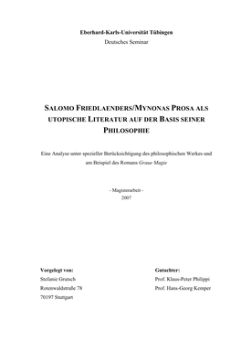 Salomo Friedlaenders/Mynonas Prosa Als Utopische Literatur Auf Der Basis Seiner Philosophie