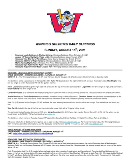 Winnipeg Goldeyes Daily Clippings Sunday, August 15 , 2021