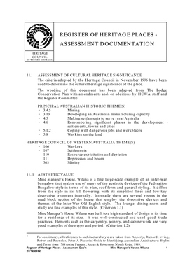 Register of Heritage Places - Assessment Documentation