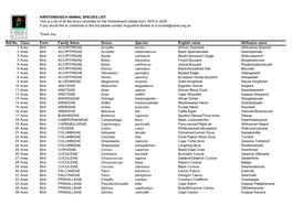 KIRSTENBOSCH ANIMAL SPECIES LIST This Is a List of All the Fauna