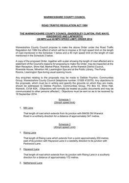 BADDESLEY CLINTON, FIVE WAYS, KINGSWOOD and LAPWORTH) (30 MPH and 40 MPH SPEED LIMIT) ORDER 2014