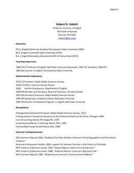 Robert D. Habich Professor Emeritus of English Ball State University Muncie, in 47306 Rhabich@Bsu.Edu