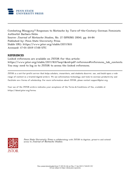 Combating Misogyny? Responses to Nietzsche by Turn-Of-The-Century German Feminists Author(S): Barbara Helm Source: Journal of Nietzsche Studies, No