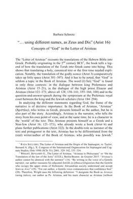 “… Using Different Names, As Zeus and Dis” (Arist 16) Concepts of “God” in the Letter of Aristeas