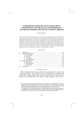 David Hicks, Stern Hu, Scott Rush, Jock Palfreeman and the Legal Parameters of Australia’S Protection of Its Citizens Abroad