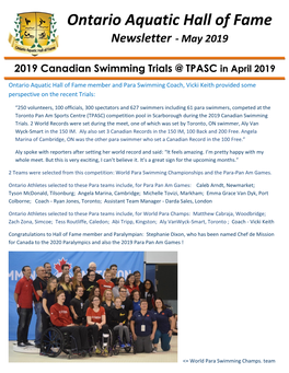 Ontario Aquatic Hall of Fame Newsletter - May 2019