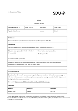 Det Humanistiske Fakultet Speciale Forside Til Specialet Afleveringsfrist (Sæt X) Januar: [2019] X Juni: [Årstal] Andet: [Dato