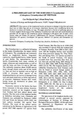 A PRELIMINARY LIST of the SUBFAMILY Cerambycinae (Coleoptera: Cerambycidae) of VIETNAM