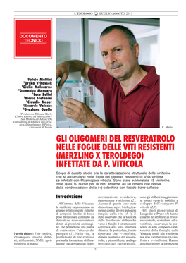 Gli Oligomeri Del Resveratrolo Nelle Foglie Delle Viti Resistenti (Merzling X Teroldego) Infettate Da P