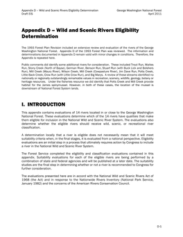 Appendix D – Wild and Scenic Rivers Eligibility Determination George Washington National Forest Draft EIS April 2011