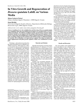 In Vitro Growth and Regeneration of Drosera Spatulata Labill. on Various Media