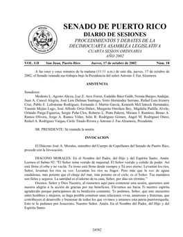 Senado De Puerto Rico Diario De Sesiones Procedimientos Y Debates De La Decimocuarta Asamblea Legislativa Cuarta Sesion Ordinaria Año 2002 Vol