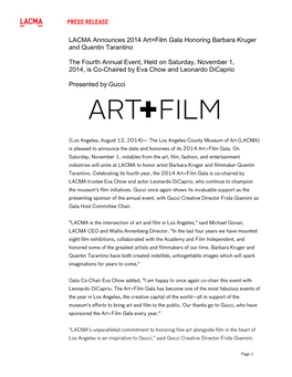 LACMA Announces 2014 Art+Film Gala Honoring Barbara Kruger and Quentin Tarantino