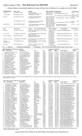 A Listing of Delaware Elected Officials Compiled by the League of Women Voters As a Public Service (302) 571-8948