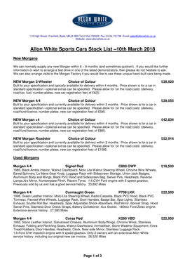 Allon White Sports Cars Stock List –10Th March 2018