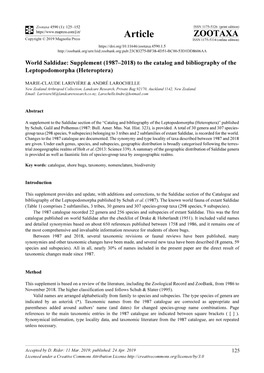 World Saldidae: Supplement (1987–2018) to the Catalog and Bibliography of the Leptopodomorpha (Heteroptera)