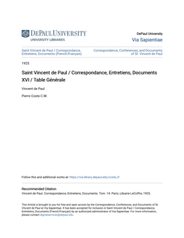Saint Vincent De Paul / Correspondance, Entretiens, Documents XVI / Table GÃ©Nã©Rale