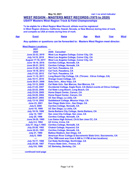 WEST REGION - MASTERS MEET RECORDS (1975 to 2020) USATF Masters West Region Track & Field Championships