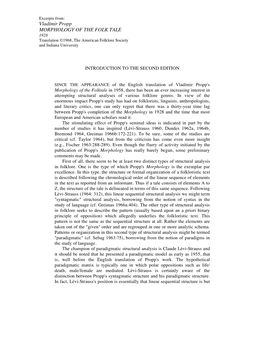 Vladímir Propp MORPHOLOGY of the FOLK TALE 1928 Translation ©1968, the American Folklore Society and Indiana University