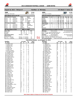 2013 Canadian Football League · Game Notes