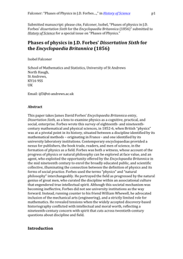 Phases of Physics in J.D. Forbes' Dissertation Sixth for The