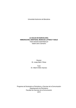 INMIGRACIÓN, IDENTIDAD, MÚSICAS LATINAS Y BAILE Tesis Doctoral Presentada Por Isabel Llano Camacho